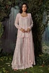 Shop_Kashmiraa_Pink Organza, Net Crystals Round Neck Embroidered Kurta Sharara Set _Online_at_Aza_Fashions