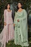 Kashmiraa_Pink Organza, Net Crystals Round Neck Embroidered Kurta Sharara Set _at_Aza_Fashions