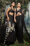 Buy_Kashmiraa_Black Net Hand Embroidered Cutdana Blunt V Neck Saree With Blouse _Online_at_Aza_Fashions