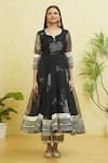 Samyukta Singhania_Black Organza Embroidered Gota Notched Floral Print Anarkali Set _Online_at_Aza_Fashions