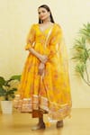 Buy_Samyukta Singhania_Yellow Organza Embroidered Gota V Neck Floral Print Anarkali Set _at_Aza_Fashions