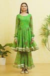 Samyukta Singhania_Green Chiffon Embroidered Gota Round Bandhani Print Anarkali Sharara Set _Online_at_Aza_Fashions