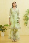 Buy_Samyukta Singhania_Green Georgette Embroidered Gota Leaf Neck Wrap-over Anarkali Sharara Set _Online_at_Aza_Fashions