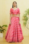 Shop_Samyukta Singhania_Pink Brocade Silk Embroidered Lace Leaf Neck Bandhani Print Lehenga Set _Online_at_Aza_Fashions