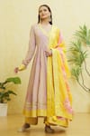 Samyukta Singhania_Yellow Cotton Embroidered Gota V Neck Anarkali Pant Set _Online_at_Aza_Fashions