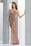 Eli Bitton_Peach Lining Polyester Embroidery Sequins Sweetheart Neck And Beads Gown _Online_at_Aza_Fashions