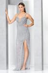 Buy_Eli Bitton_Silver Net Sequins, Crystals Sweetheart Neck And Embroidered Gown _Online_at_Aza_Fashions