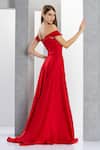 Shop_Eli Bitton_Red Satin Embroidery Sequin Asymmetric Neck Placement Geometric Gown _at_Aza_Fashions