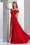 Eli Bitton_Red Satin Embroidery Sequin Asymmetric Neck Placement Geometric Gown _Online_at_Aza_Fashions