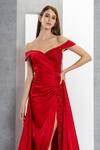 Shop_Eli Bitton_Red Satin Embroidery Sequin Asymmetric Neck Placement Geometric Gown _Online_at_Aza_Fashions