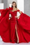 Eli Bitton_Red Satin Embroidery Sequin Asymmetric Neck Placement Geometric Gown _at_Aza_Fashions