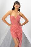 Eli Bitton_Peach Polyester Sequins, Crystals Scallop Fringe Embroidered Strapless Gown _at_Aza_Fashions