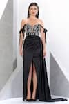 Buy_Eli Bitton_Black Net, Polyester Pearls, Crystals Sweetheart Neck And Embroidered Bodice Gown _Online_at_Aza_Fashions