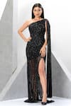 Eli Bitton_Black Polyester, Lycra Sequins, Crystals Embroidered One Shoulder Gown _Online_at_Aza_Fashions