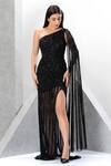 Buy_Eli Bitton_Black Polyester, Lycra Sequins, Crystals Embroidered One Shoulder Gown _Online_at_Aza_Fashions
