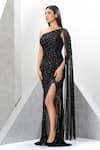 Shop_Eli Bitton_Black Polyester, Lycra Sequins, Crystals Embroidered One Shoulder Gown _Online_at_Aza_Fashions