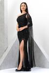 Eli Bitton_Black Polyester, Lycra Sequins, Crystals Embroidered One Shoulder Gown _at_Aza_Fashions