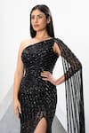 Buy_Eli Bitton_Black Polyester, Lycra Sequins, Crystals Embroidered One Shoulder Gown 