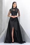 Buy_Eli Bitton_Black Net, Satin Sequins, Cut Work Princess Fringe Embroidered Gown With Skirt _at_Aza_Fashions