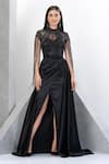 Eli Bitton_Black Net, Satin Sequins, Cut Work Princess Fringe Embroidered Gown With Skirt _Online_at_Aza_Fashions