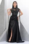 Buy_Eli Bitton_Black Net, Satin Sequins, Cut Work Princess Fringe Embroidered Gown With Skirt _Online_at_Aza_Fashions