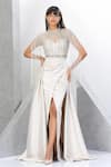 Eli Bitton_White Net, Satin Cut Work, Sequins High Princess Embroidered Gown With Skirt _Online_at_Aza_Fashions