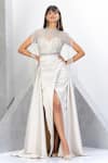 Buy_Eli Bitton_White Net, Satin Cut Work, Sequins High Princess Embroidered Gown With Skirt _Online_at_Aza_Fashions