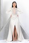 Buy_Eli Bitton_White Net, Polyester, Satin Sequins, Crystals Round Mesh Bodice Gown With Skirt _at_Aza_Fashions