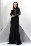 Buy_Eli Bitton_Black Crepe, Net Cut Work, Crystals High Neck Placement Embroidered Gown _Online_at_Aza_Fashions