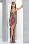 Buy_Eli Bitton_Fuchsia Net Embroidery Sequin Plunge V Neck Miss Universe Gown _at_Aza_Fashions