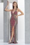 Shop_Eli Bitton_Fuchsia Net Embroidery Sequin Plunge V Neck Miss Universe Gown _at_Aza_Fashions