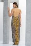 Shop_Eli Bitton_Yellow Net Embroidery Sequin Plunge V Neck Miss Universe Geometric Gown _at_Aza_Fashions