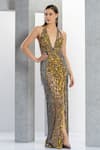 Eli Bitton_Yellow Net Embroidery Sequin Plunge V Neck Miss Universe Geometric Gown _Online_at_Aza_Fashions