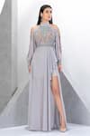 Eli Bitton_Silver Chiffon, Polyester Beads Round Neck Cold Shoulder Embroidered Gown _Online_at_Aza_Fashions