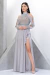 Buy_Eli Bitton_Silver Chiffon, Polyester Beads Round Neck Cold Shoulder Embroidered Gown _Online_at_Aza_Fashions