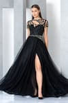 Buy_Eli Bitton_Black Net Embroidery Bead Round Sequin Gown _at_Aza_Fashions