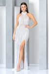 Buy_Eli Bitton_White Net Embroidery Pearl Halter Neck Crystal Gown _at_Aza_Fashions