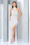 Eli Bitton_White Net Embroidery Pearl Halter Neck Crystal Gown _Online_at_Aza_Fashions