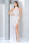 Buy_Eli Bitton_White Net Embroidery Pearl Halter Neck Crystal Gown _Online_at_Aza_Fashions