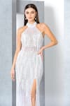 Eli Bitton_White Net Embroidery Pearl Halter Neck Crystal Gown _at_Aza_Fashions