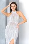 Buy_Eli Bitton_White Net Embroidery Pearl Halter Neck Crystal Gown 