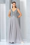 Buy_Eli Bitton_Silver Net Embellished Sequin V Neck Gown _at_Aza_Fashions