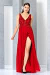 Buy_Eli Bitton_Red Net Embroidery Sequin V Neck Sleeveless Gown _at_Aza_Fashions