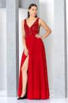 Buy_Eli Bitton_Red Net Embroidery Sequin V Neck Sleeveless Gown _Online_at_Aza_Fashions