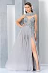 Buy_Eli Bitton_Silver Net Embroidery Sequin Round Neckline Gown _at_Aza_Fashions