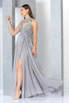 Buy_Eli Bitton_Silver Net Embroidery Sequin Round Neckline Gown _Online_at_Aza_Fashions