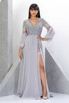 Buy_Eli Bitton_Silver Net, Chiffon Sequins, Beads Plunge Neck Yoke Embroidered Gown _at_Aza_Fashions