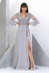 Eli Bitton_Silver Net, Chiffon Sequins, Beads Plunge Neck Yoke Embroidered Gown _Online_at_Aza_Fashions