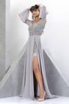 Shop_Eli Bitton_Silver Net, Chiffon Sequins, Beads Plunge Neck Yoke Embroidered Gown _Online_at_Aza_Fashions