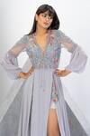 Eli Bitton_Silver Net, Chiffon Sequins, Beads Plunge Neck Yoke Embroidered Gown _at_Aza_Fashions